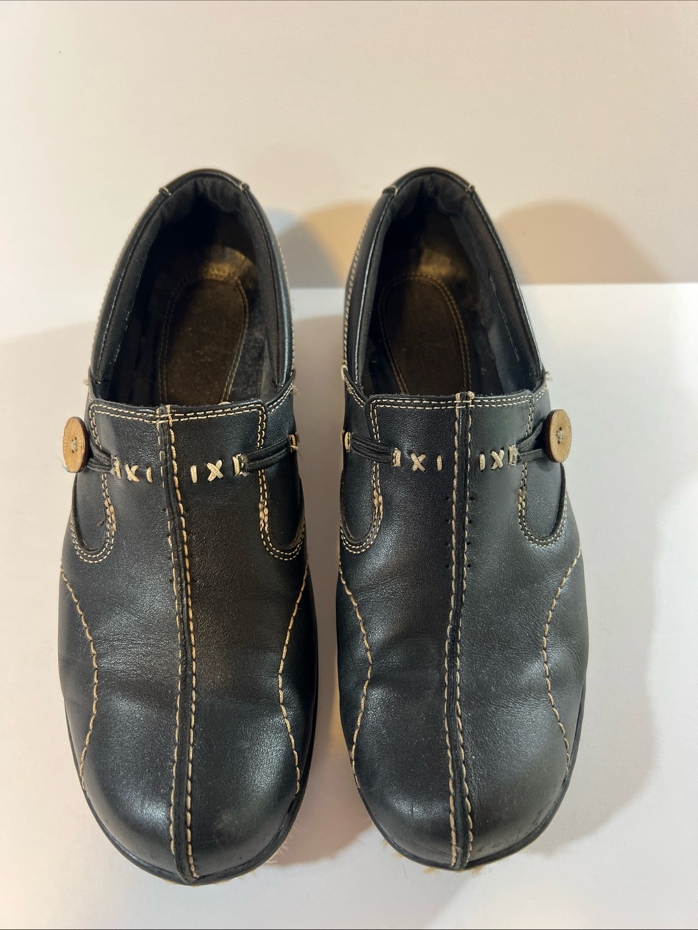 Clarks Black Leather Slip-On with Contrast Stitching